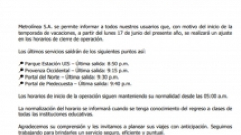 COMUNICADO DE PRENSA I CAMBIO EN LOS HORARIOS POR TEMPORADA DE VACACIONES 